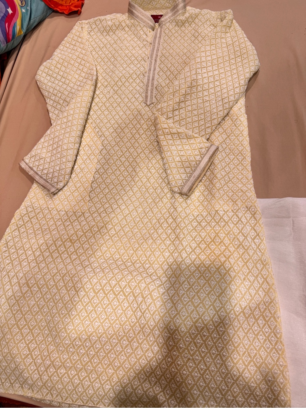 Kids Cream & Yellow Diamond-Pattern Kurta Dress